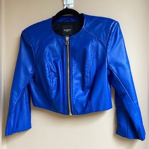 Bebe blue cropped faux leather jacket NWOT